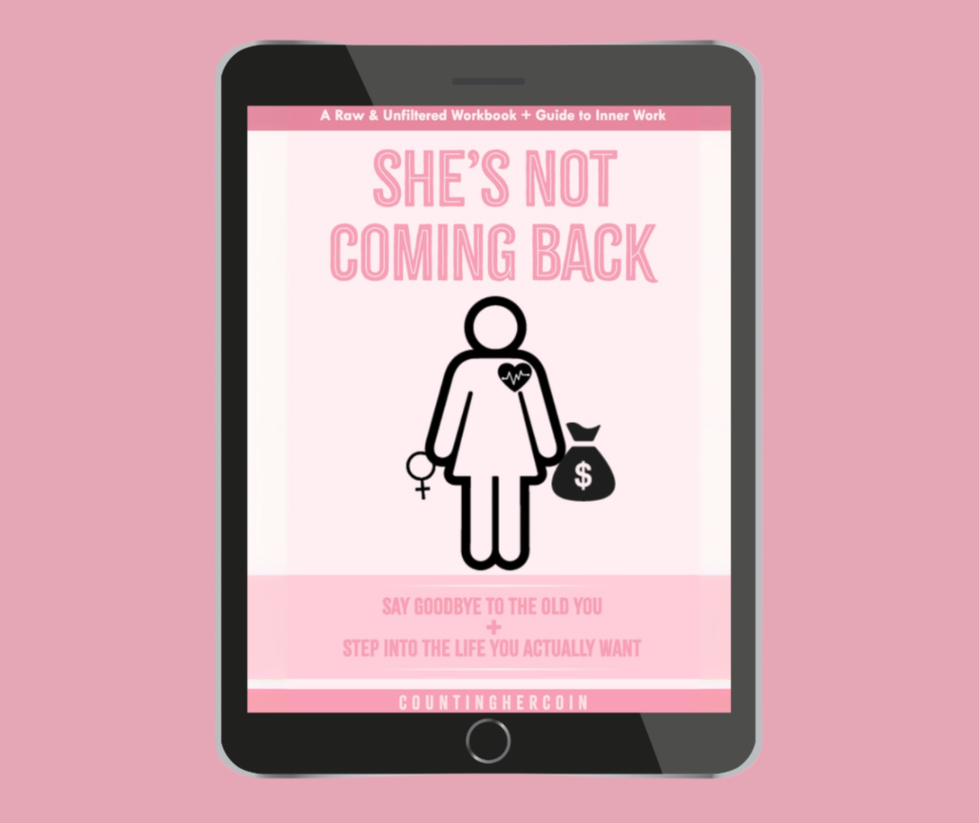 Digital book cover titled 'She's Not Coming Back' on a pink background