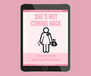 Digital book cover titled 'She's Not Coming Back' on a pink background