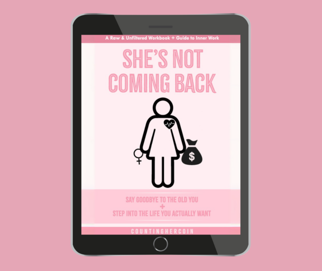 Digital book cover titled 'She's Not Coming Back' on a pink background