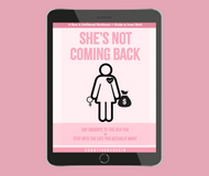 Digital book cover titled 'She's Not Coming Back' on a pink background